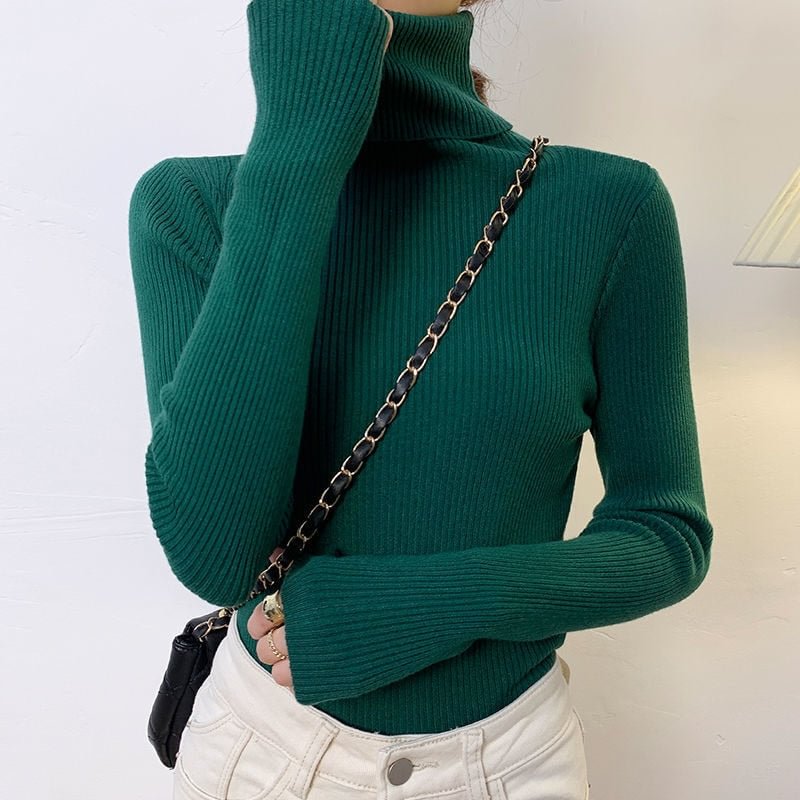 Zoki New 2021 Women Pullover Turtleneck Sweater Autumn Long Sleeve Slim Elastic Korean Simple Basic Cheap Jumper Solid Color Top
