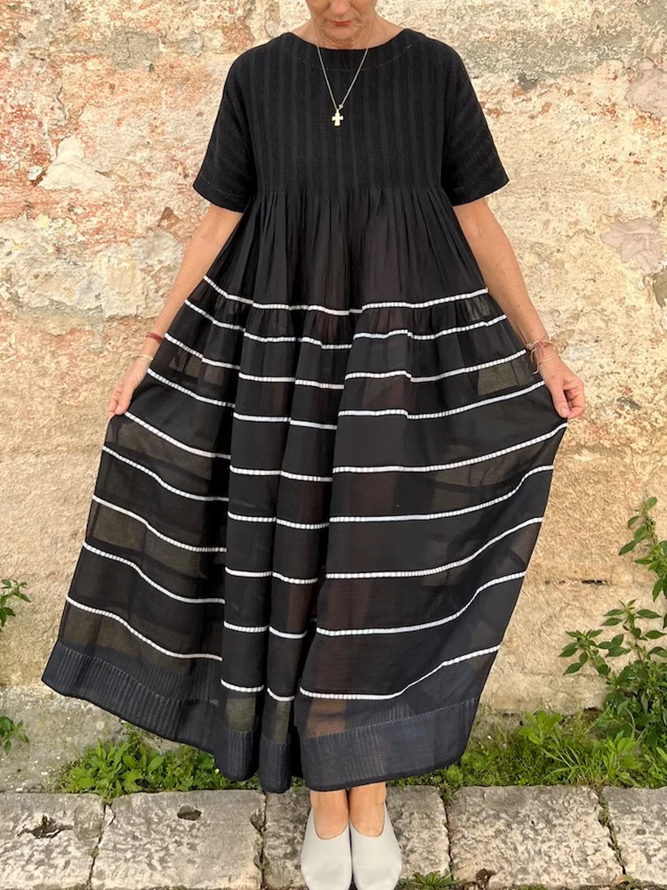 Simpfit Kleid aus Nachahmung aus Nachahmung aus Baumwolle und Leinen mit Streifen und Plissee-Design