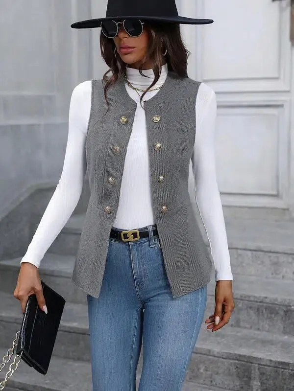 Grey Sleeveless Plain Outerwear