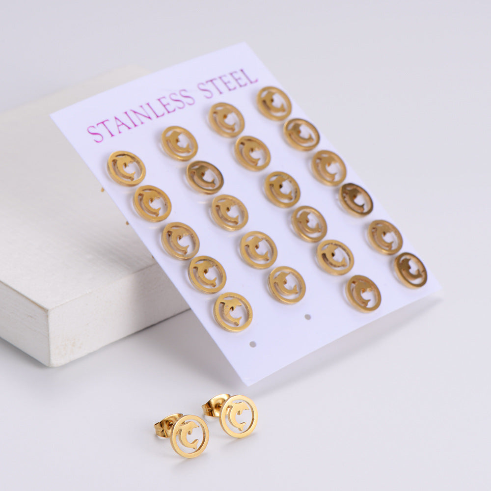 Women Minimalist Geometric Metal Chinese Zodiac Animal Stainless Steel Stud Earrings