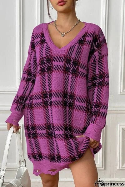 Plaid V-Neck Long Sleeve Sweater Dress