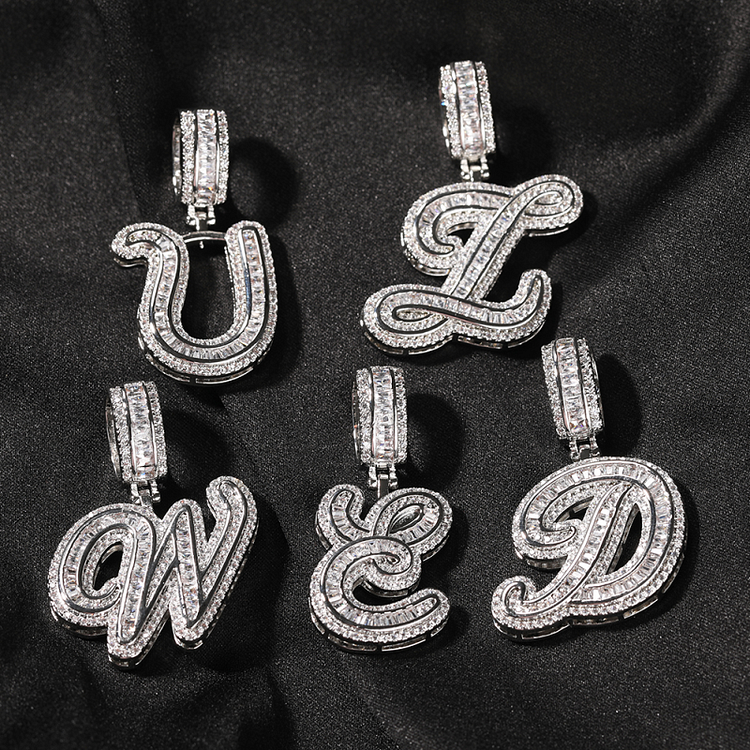 Iced Out Baguette Initial Cursive Letter Pendant Hip Hop Necklace
