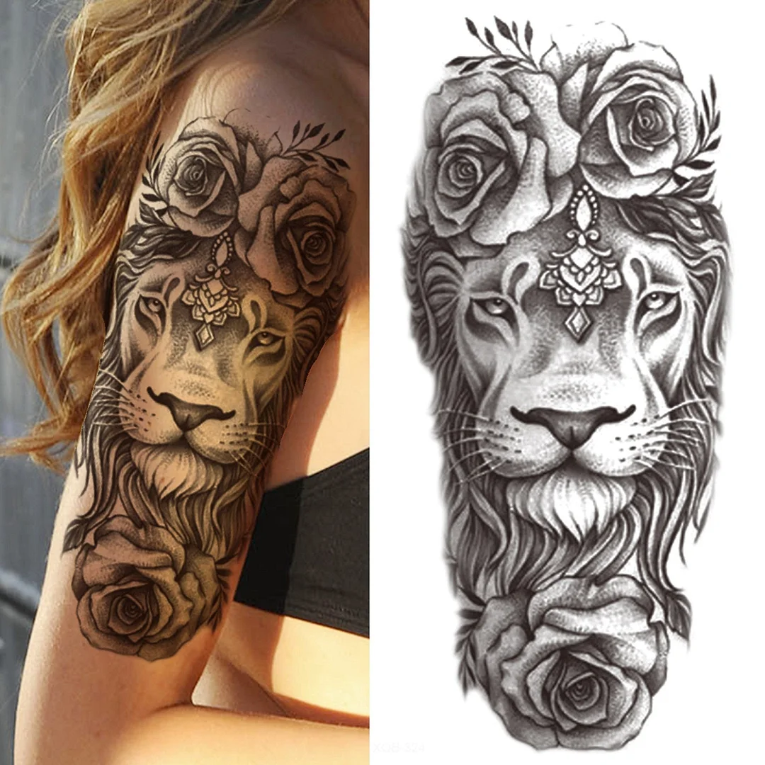 Black Forest Tattoo Sticker For Men Women Children Tiger Wolf Death Skull Temporary Tattoo Fake Henna Skeleton King Animal Tatoo 1118