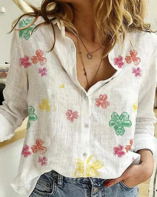 A Lapel Printed Long Sleeve Blouse