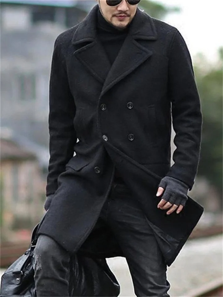 Men's Double-breasted Midi Solid Color Lapel Coat-Hoverseek