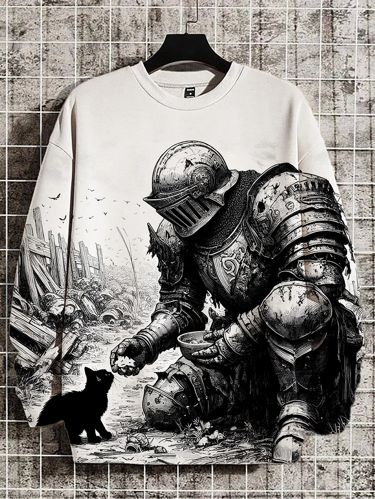 Men's Warrior and Kitten Print Casual Sweatshirt