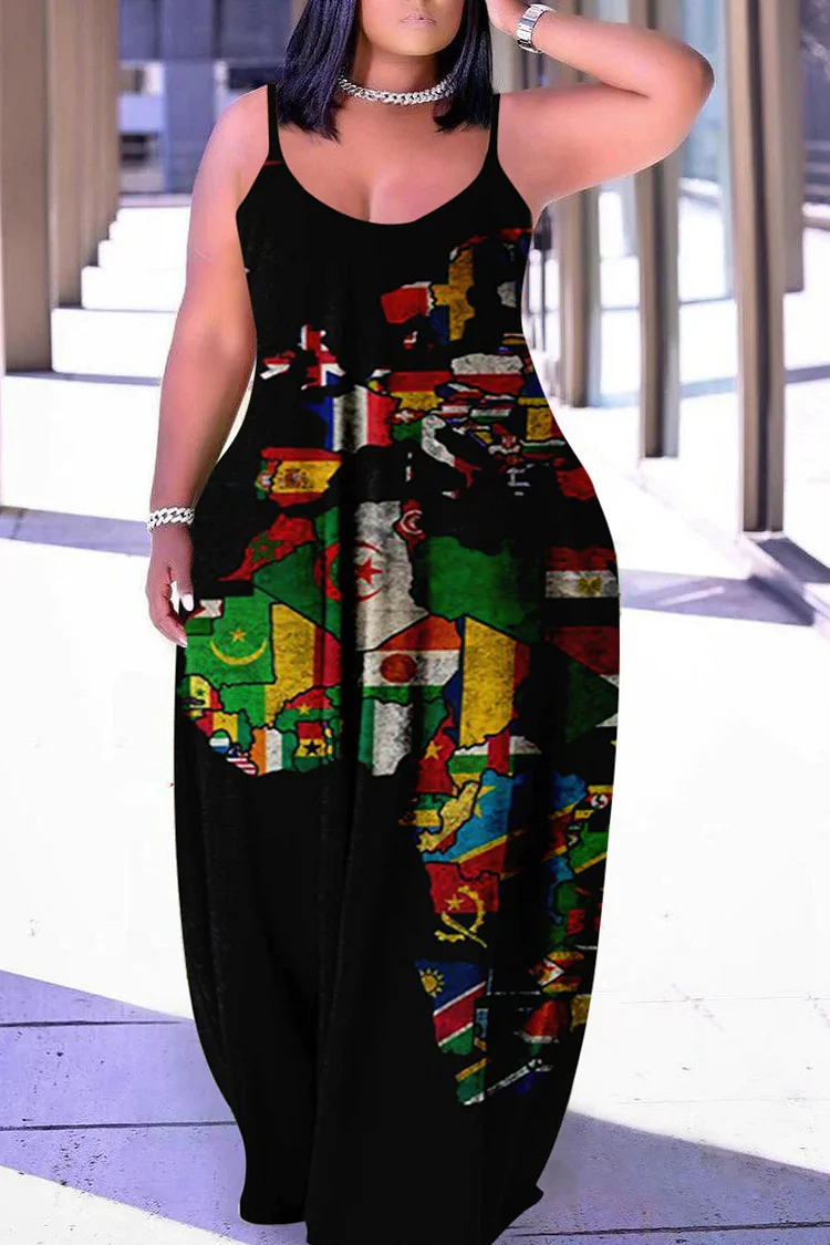 Black Fashion Sexy Plus Size Casual Print Backless Spaghetti Strap Long Dress