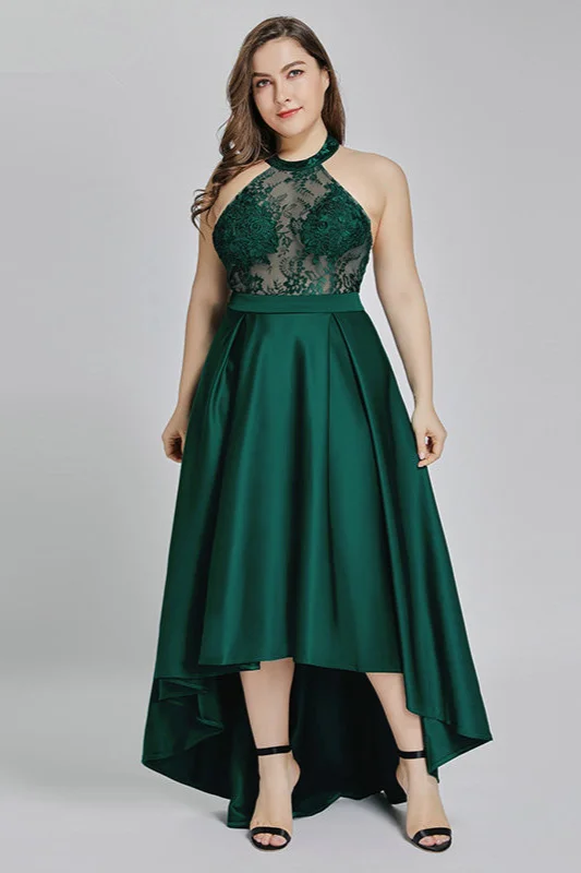 Gorgeous Green Halter Evening Gowns Lace Hi-Lo Plus Size Prom Dresses
