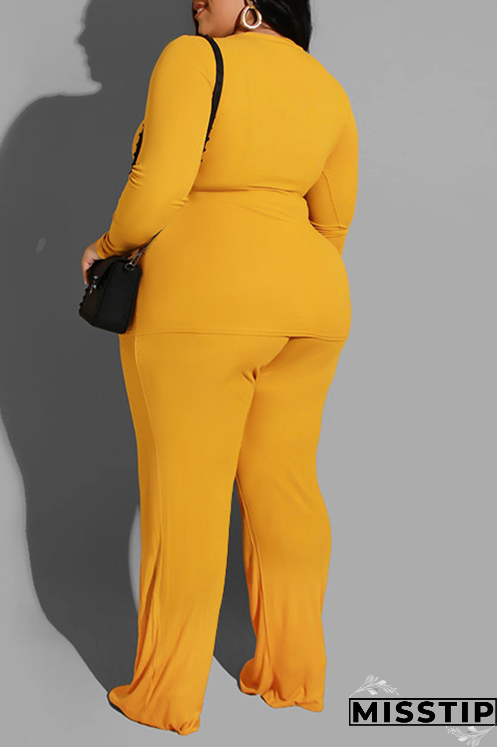 Yellow Casual Solid Patchwork O Neck Plus Size Two Pieces