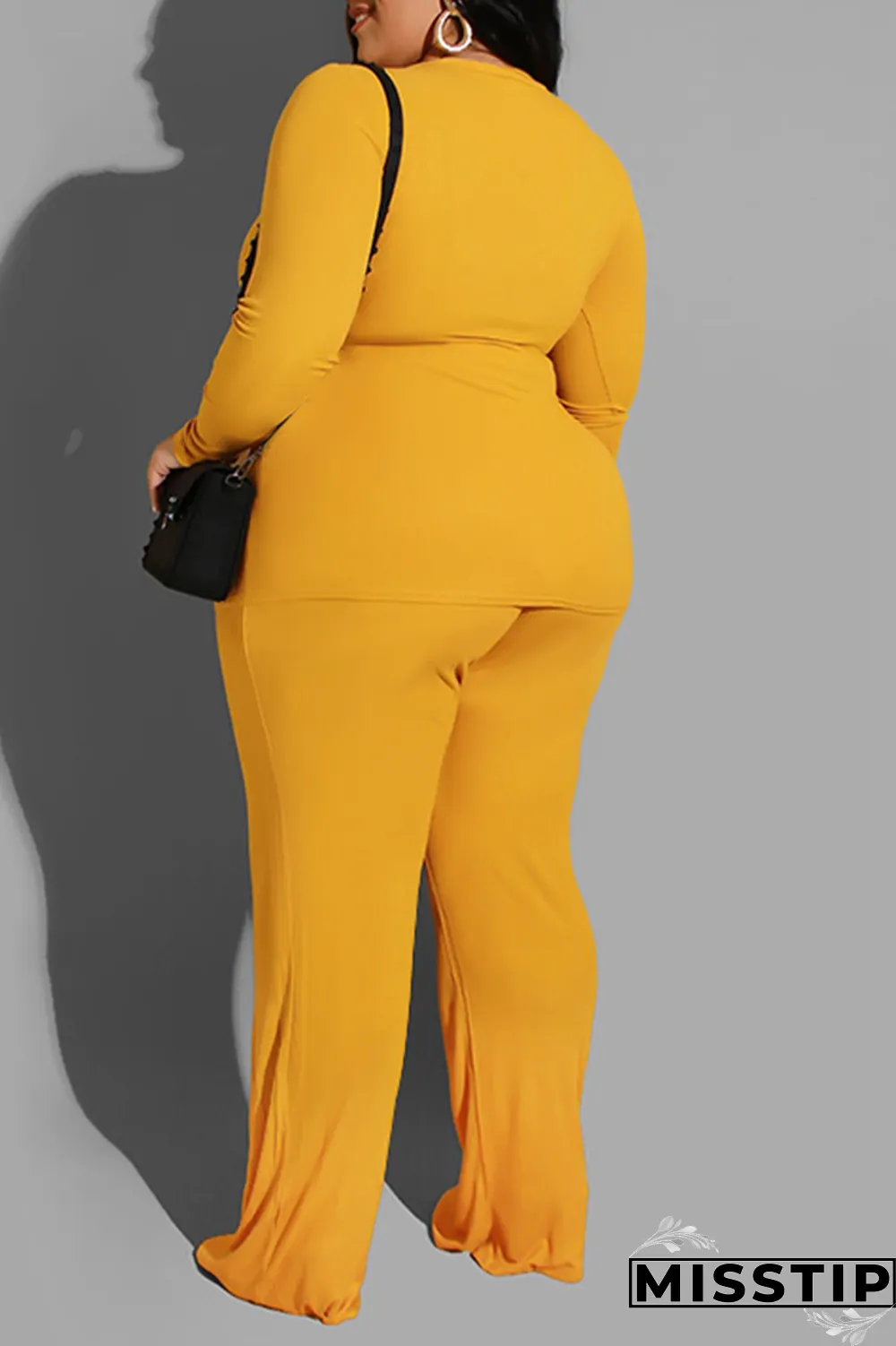 Yellow Casual Solid Patchwork O Neck Plus Size Two Pieces