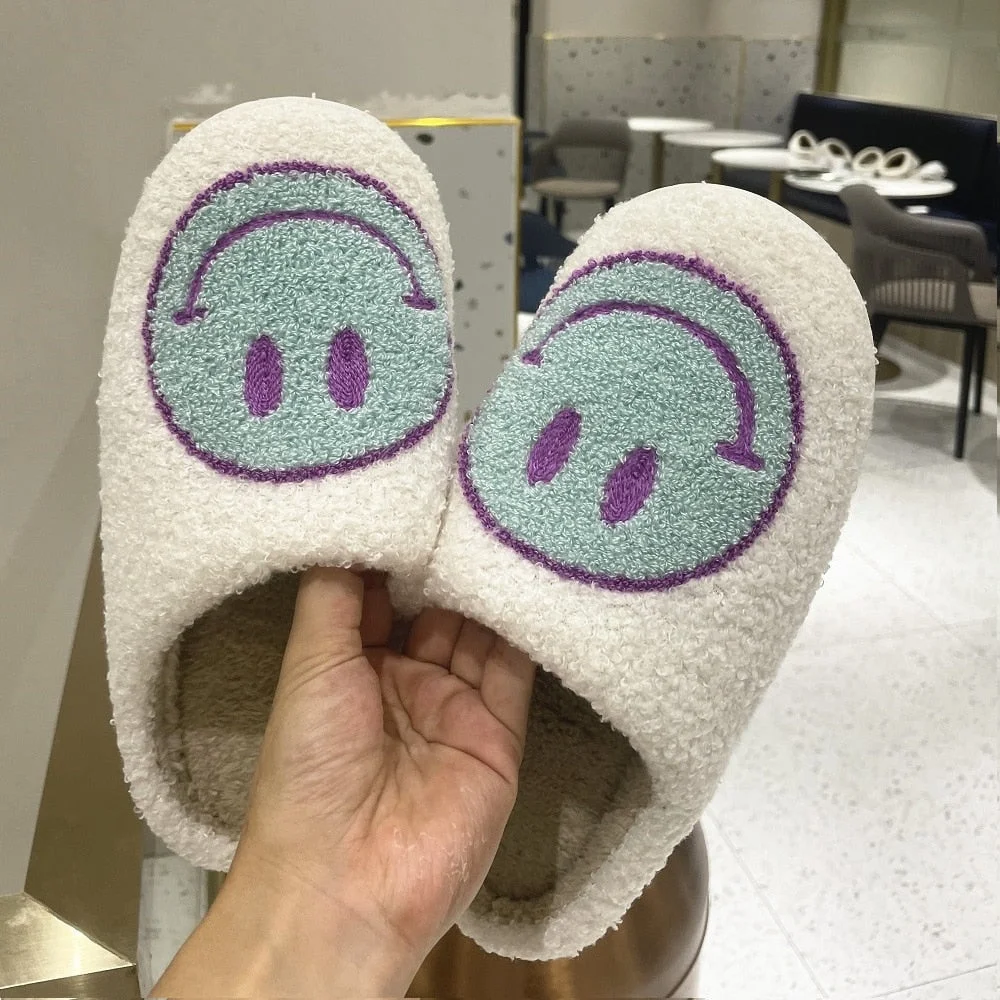 Shoe for Woman 2021 Happy Face Slippers of Curly Fluffy Fur Plush Sock Smile Embroidery Indoor Slip-on Flats
