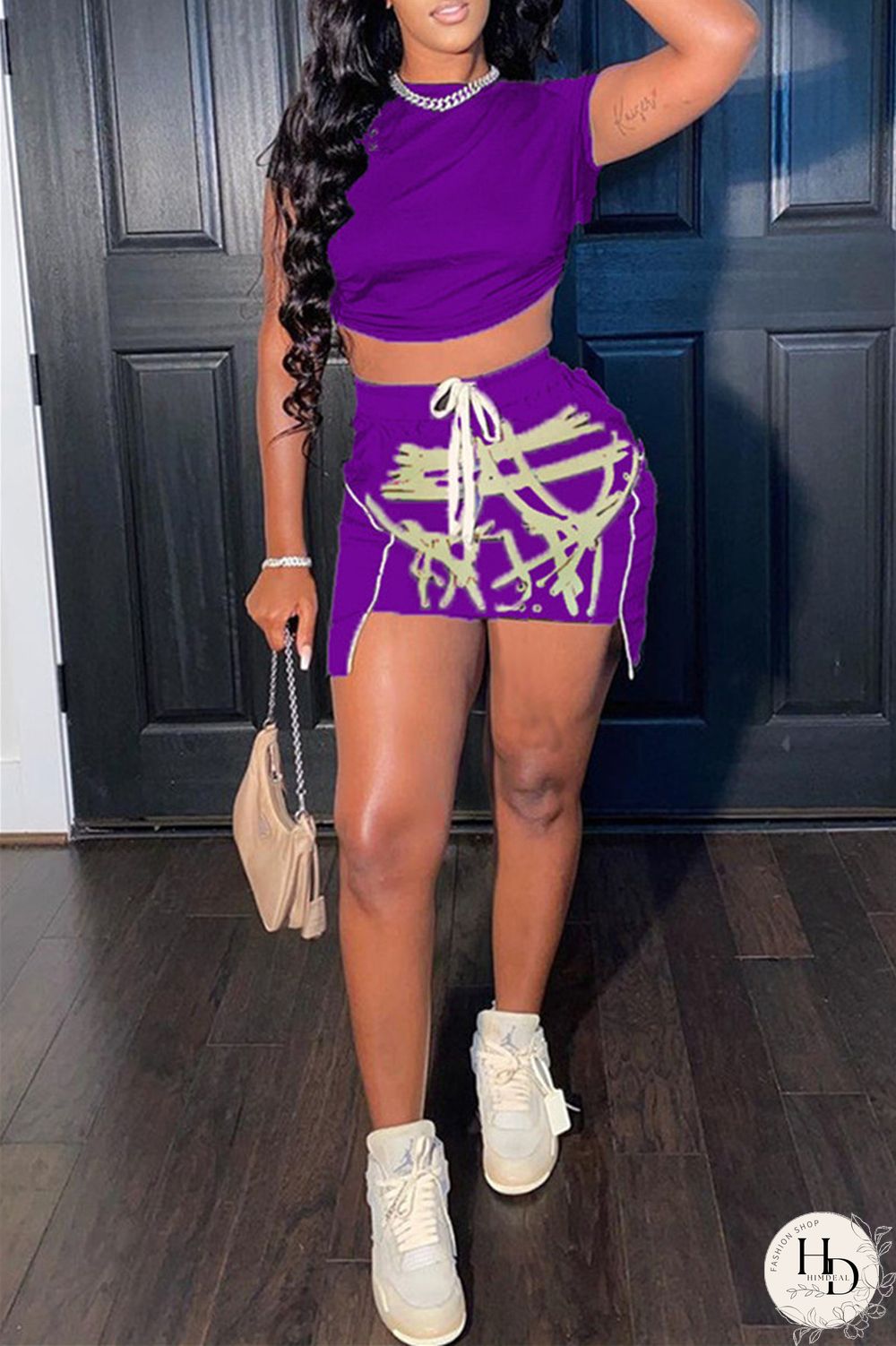 Red Fashion Sexy Print Asymmetrical O Neck Short Sleeve Two Pieces