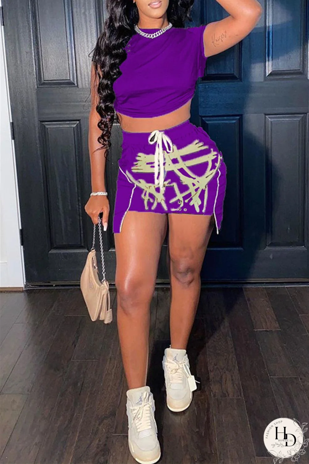 Red Fashion Sexy Print Asymmetrical O Neck Short Sleeve Two Pieces