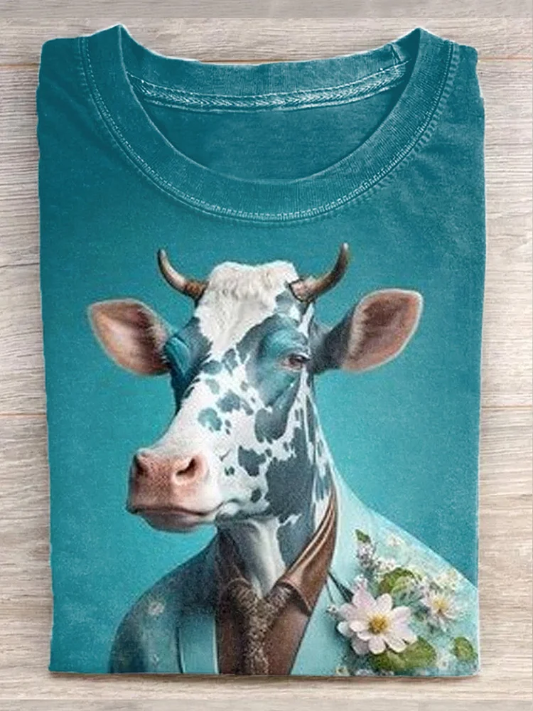 Unisex Funny Cow Art Print Casual Short Sleeve T-Shirt
