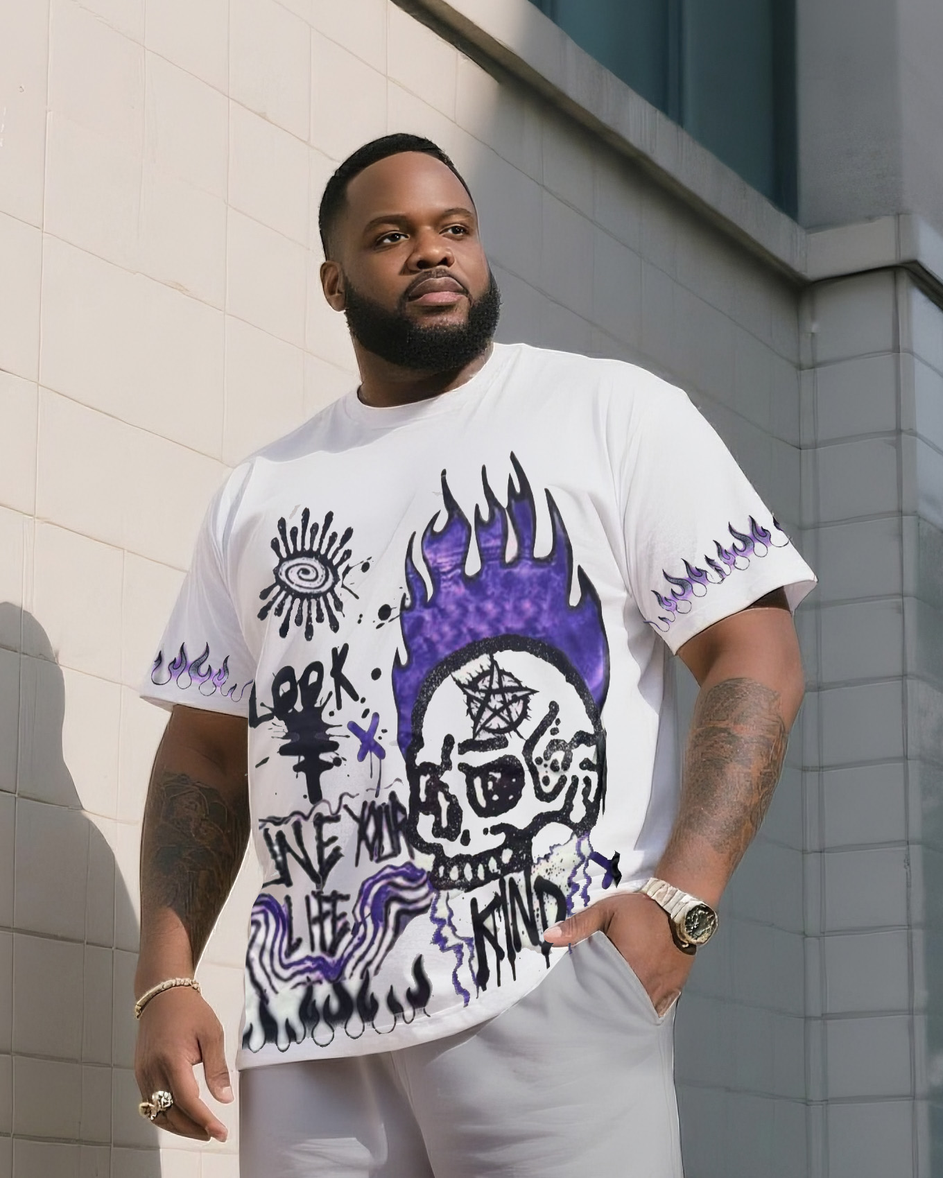 Big & Tall Men's Street Fashion Skull DAY Graffiti Print Crewneck T-Shirt Shorts Suit