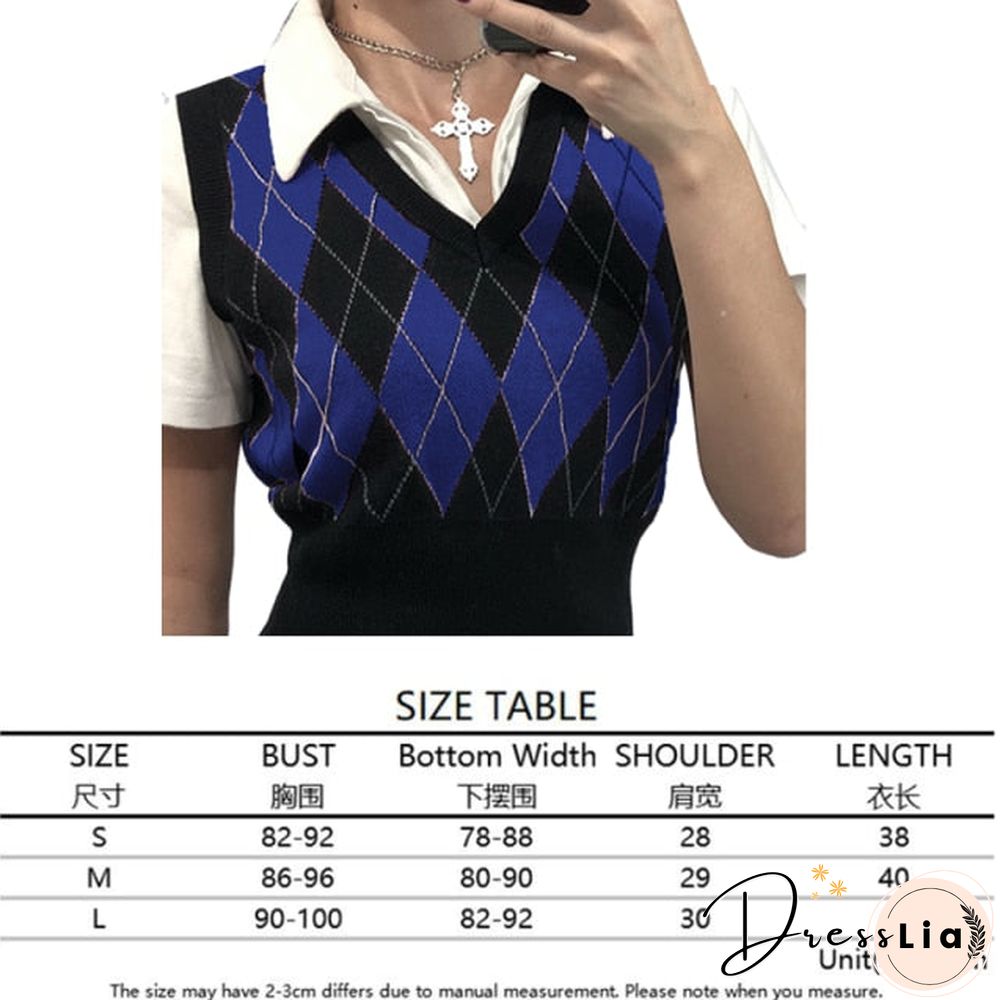 V Neck Vintage Argyle Sweater Vest Women Black Sleeveless Plaid Knitted Crop Sweaters Casual Autumn Preppy Style tops