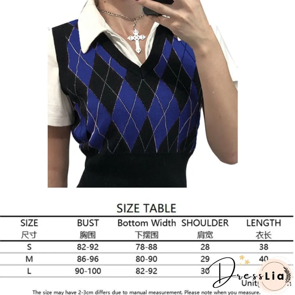 V Neck Vintage Argyle Sweater Vest Women Black Sleeveless Plaid Knitted Crop Sweaters Casual Autumn Preppy Style tops