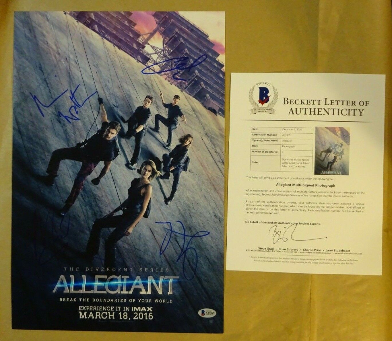 Signed ALLEGIANT Autographed By 4 12x18