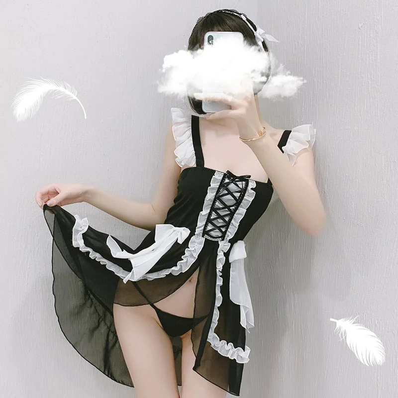 Women Lace Nightdress Bowknot Underwear Set Kawaii Maid Outfits Japanese Maid Cosplay Costumes Sexy Lingerie School Uniform