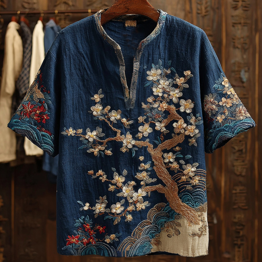 Japanese Cherry Blossom Waves Embroidered Linen Shirt  artssus