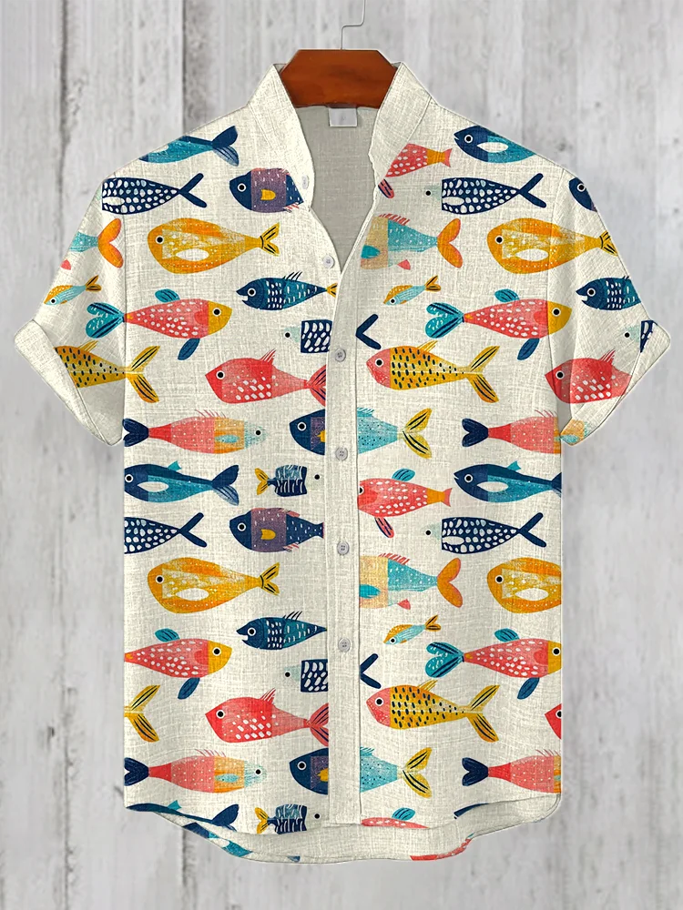 Colorful Fish Art Print Linen Blend Shirt