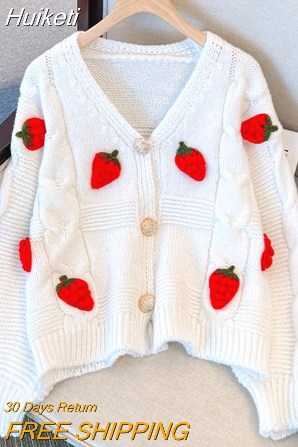 Huiketi Fashion Harajuku Sweet Strawberry Cardigan Sweater Women Fall Loose Long Sleeve Korean Tops Lady Preppy Style Y2K Sweater