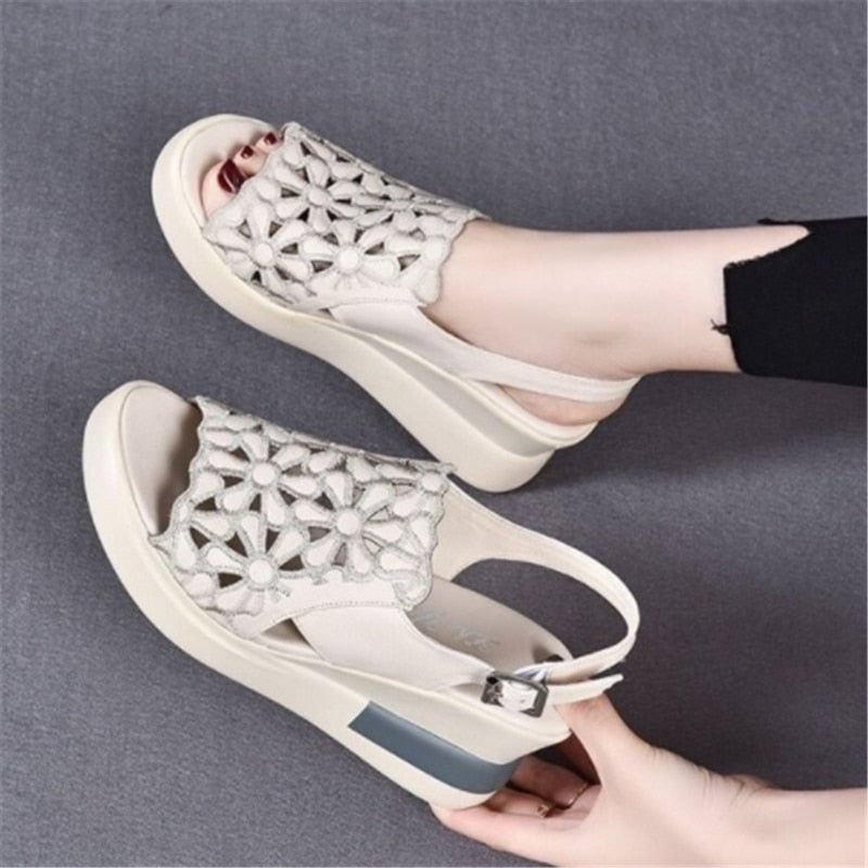 Summer Wedge Shoes for Women Sandals Open Toe Platform Hollow Flowers Retro Lady High Heel Buckle Strap Casual Female Sandalias