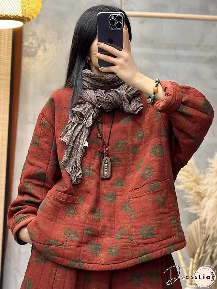 Women Flower Cotton Padded Two Pieces Outfits