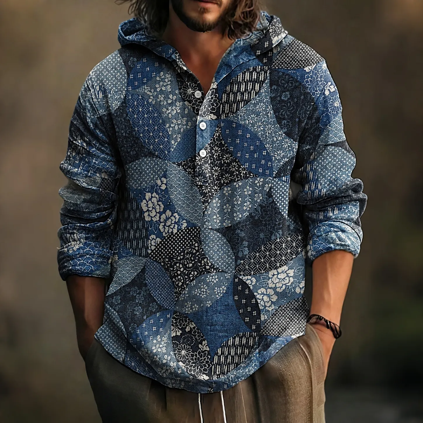 Men's Vintage Japanese Art Print Long Sleeve Hoodie  artssus