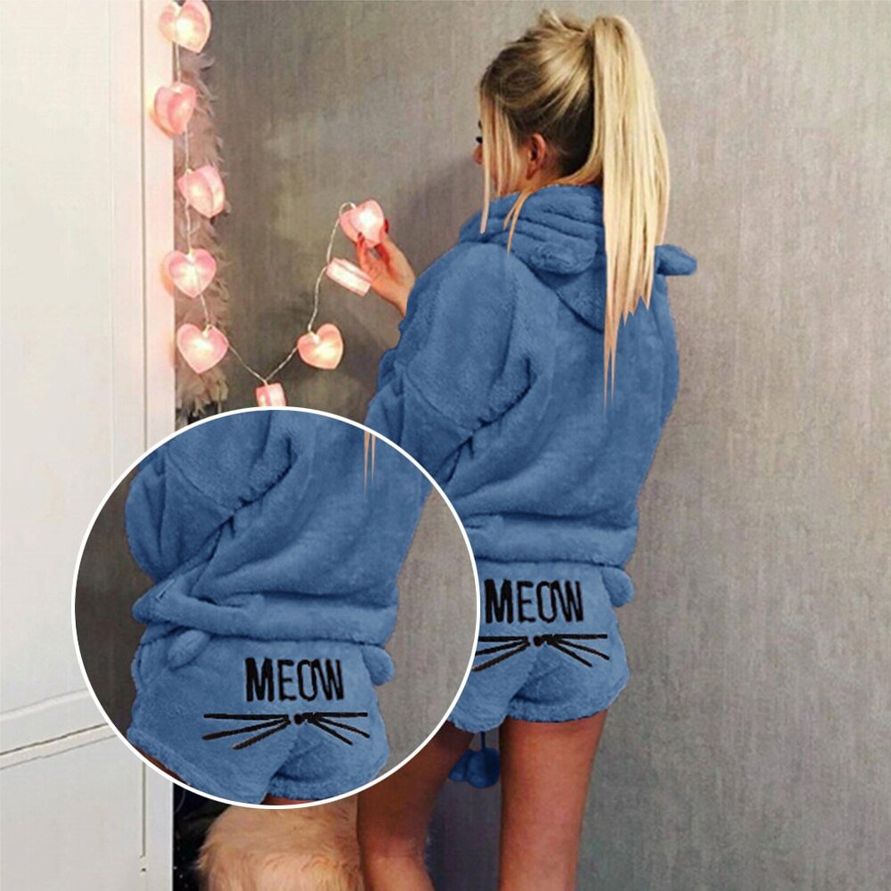 Fleece Fuzzy Hooded Sweatshirt with Ears Suit Women Letter Printed Coral Velvet Pajama Two Piece Set Cat Print Home Sleepwear