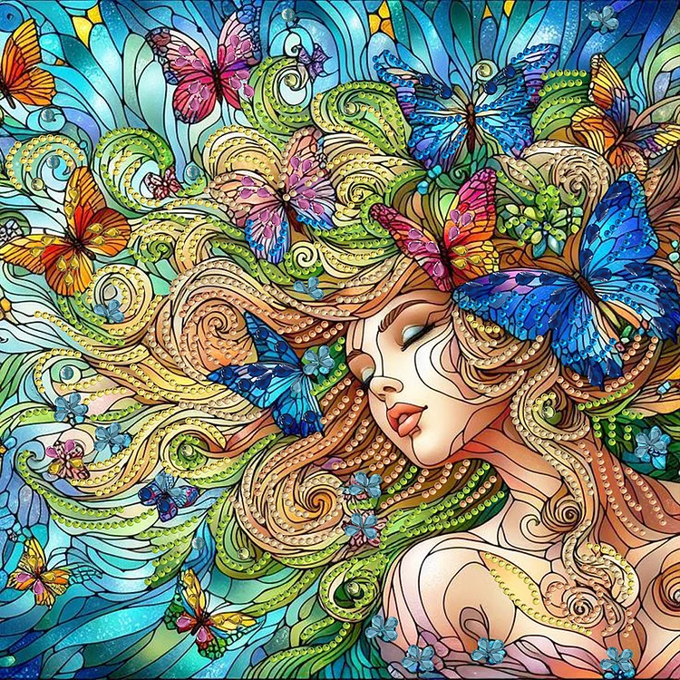 Glass Painting Of Sleeping Girl With Beautiful Butterfly 30*30CM (Canvas) Special Drill Diamond Painting gbfke