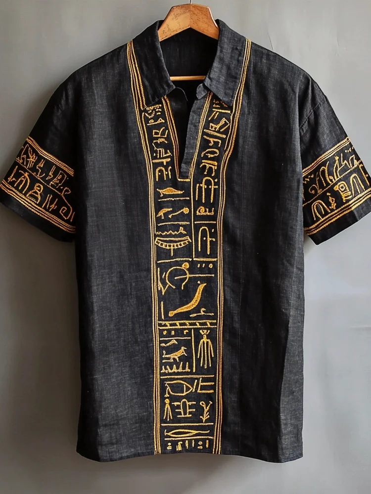 Egyptian Totem Embroidered Men's Linen Short Sleeve Shirt