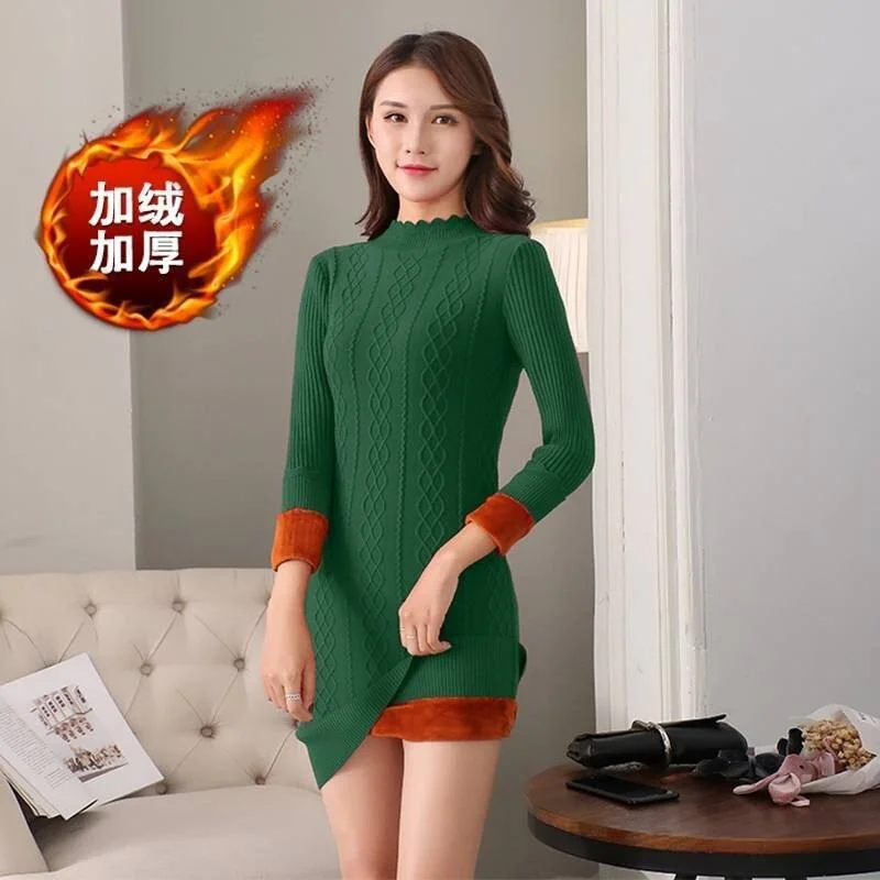 Autumn Winter Solid Knitted Sweater Dresses New Women Fashion Turtleneck Pullover Female Knitted Dress Vestidos Plus size 3XL