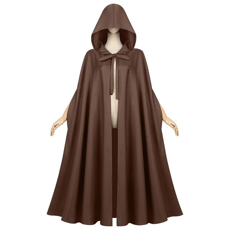 Adult Unisex Medieval Hooded Cloak Solid Color Brown Outfits Costume Carnival Party Suit