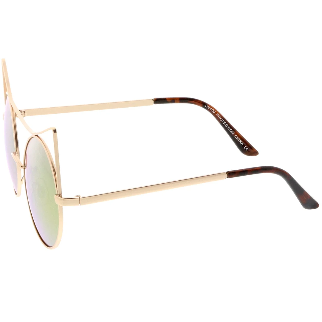 Women's Oversize Open Metal Cat Eye glasses With Colored Mirror Flat Lens 54mm