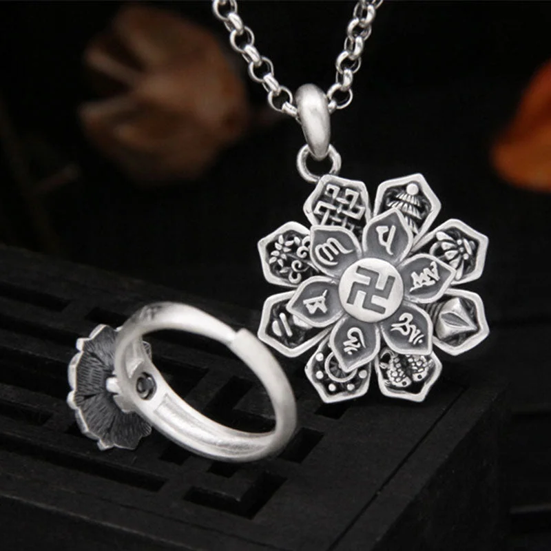Om Mani Padme Hum Lotus 999 Sterling Silver Swastika Purity Rotatable Necklace Ring