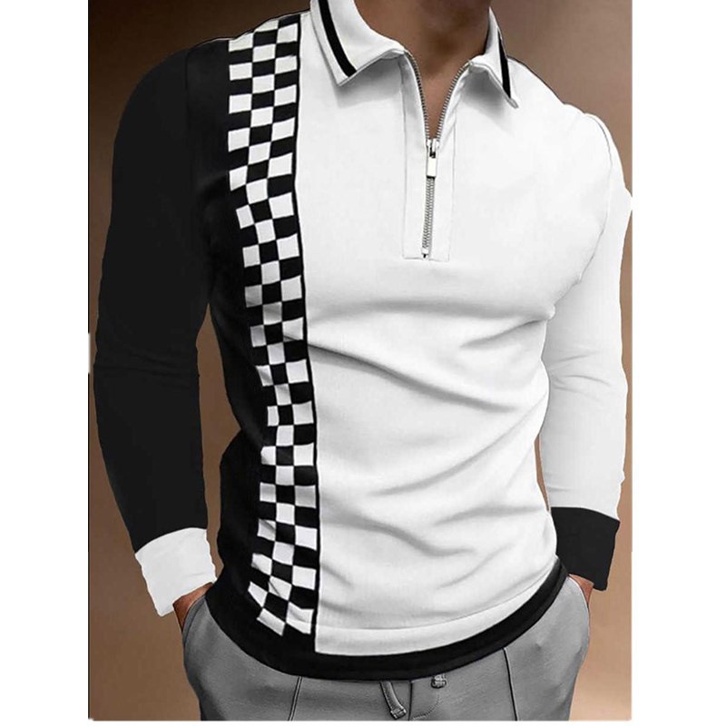 Long sleeve lapel fashion check zipper men's gentleman polo shirt