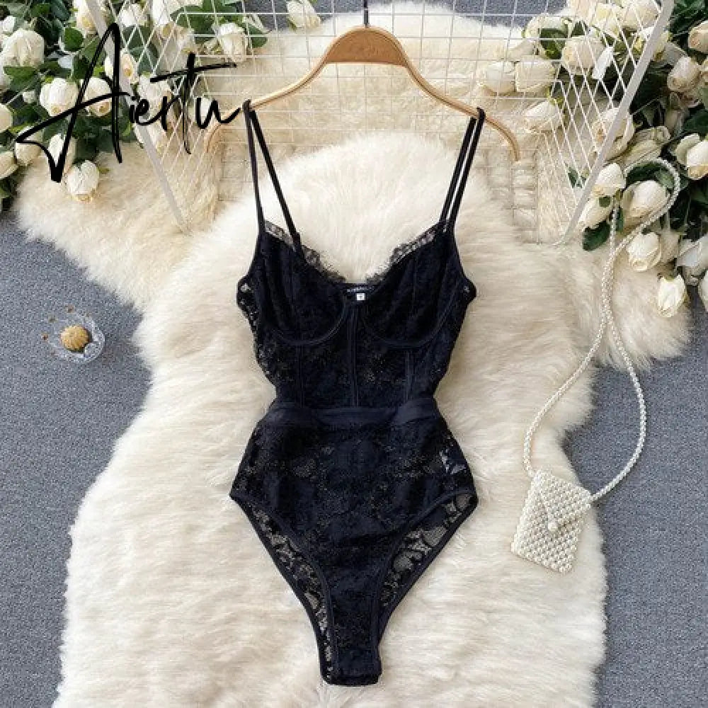 Women‘s Vintage American Retro Lace Camis Jumpsuits V Neck Sexy Black Ruffles Hot Sweet Hollow Out  Mesh Splicing Sheer Bodysuit Aiertu