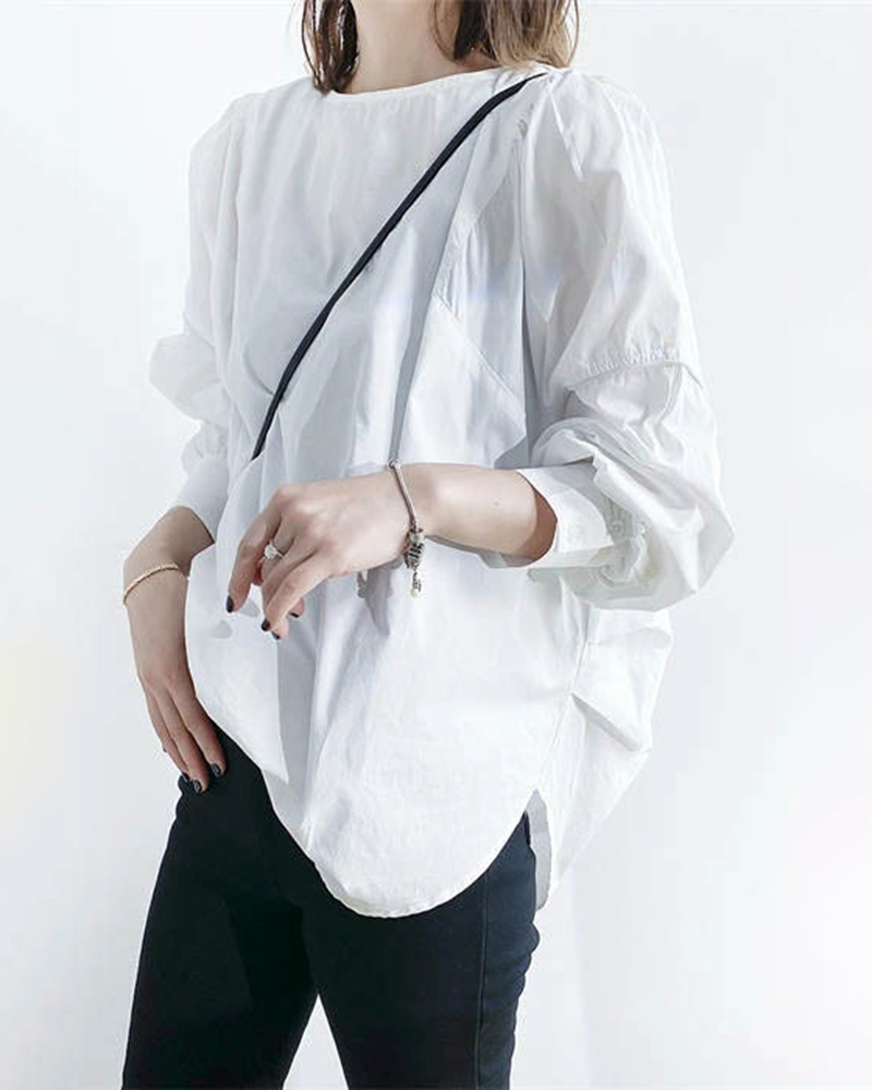 Round Neck Asymmetric Hem Balloon Sleeve Back Lace-Up Top