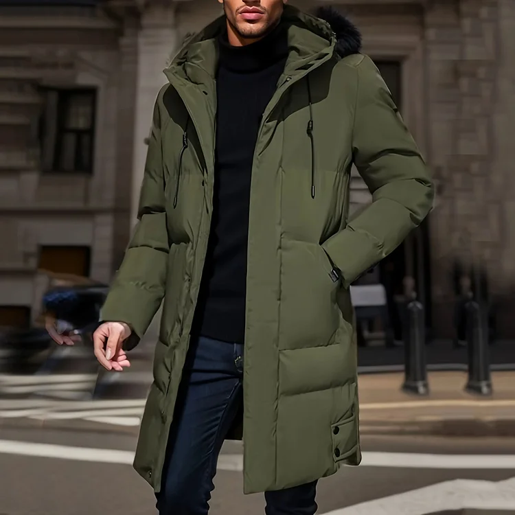 Men's Pockets Solid Mid-length Hooded Thickened Winter Coat