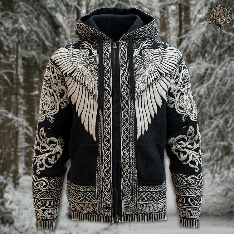 Men's Viking Wing Celtic Art Cozy Zip-up Hooded Cardigan