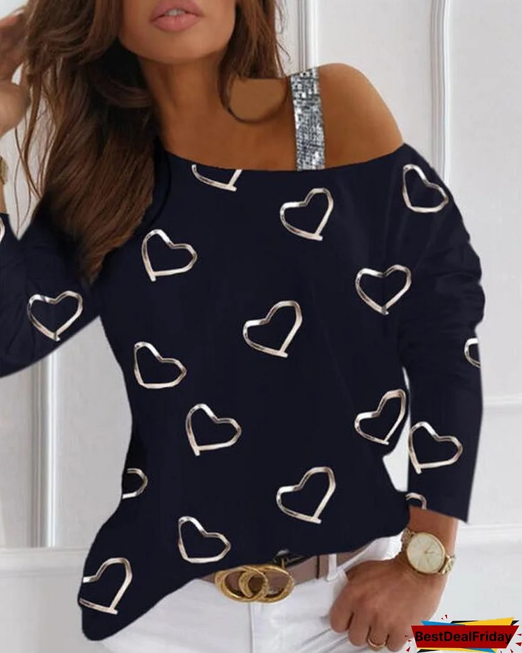 Print Sequins One-Shoulder Long Sleeves Casual Blouses