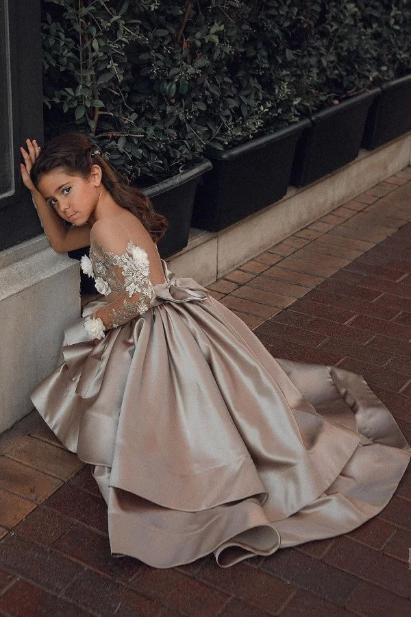 Hellodresses A-line Satin See-through Back Flower Girl Dress Hi-Lo with Lace Appliques Bow Pearls