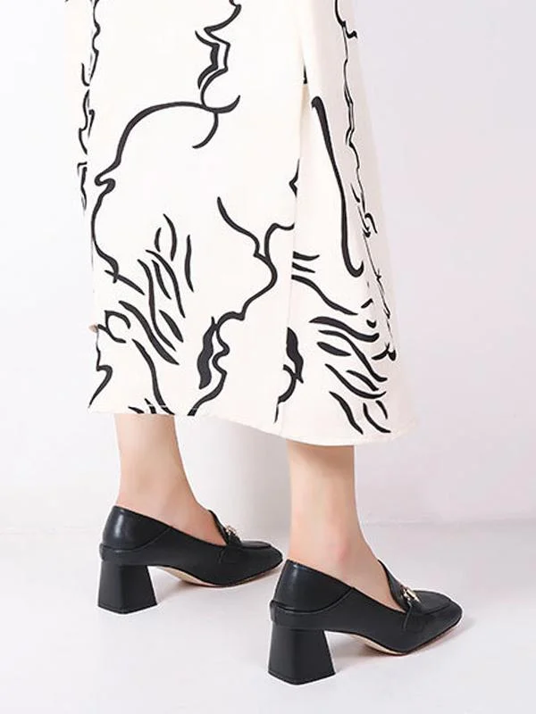 Fashionable metal buckle casual high-heel chunky square toe loafers