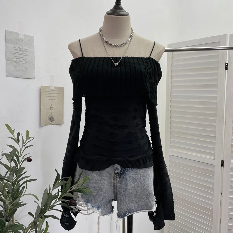 Uveng Real Shooting Of Waste Soil Wind Word Leakage Collar Collar Collar To Make Old Hole Sling Knitted Shirt With Short Sweater 1113