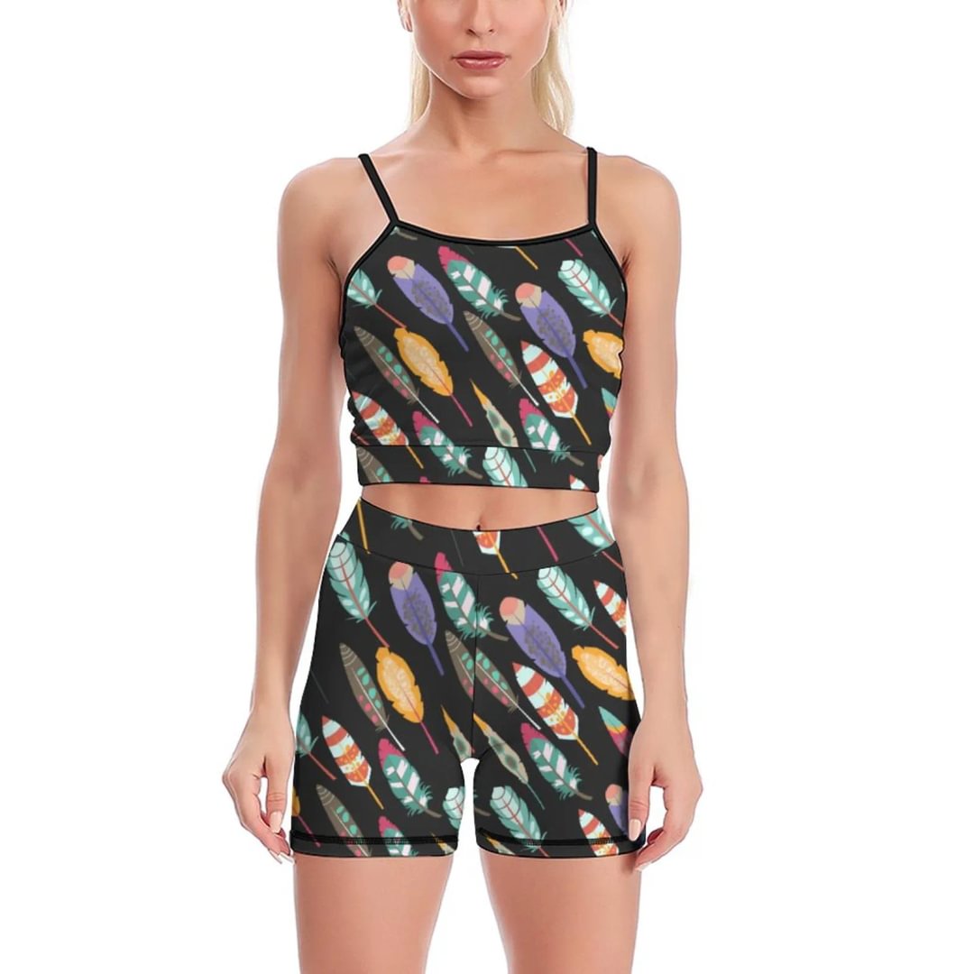 Boho Pluma Feathers Women's Yoga Sport Set Workout 2 Piece Yoga Sport Slip Padded Outfits