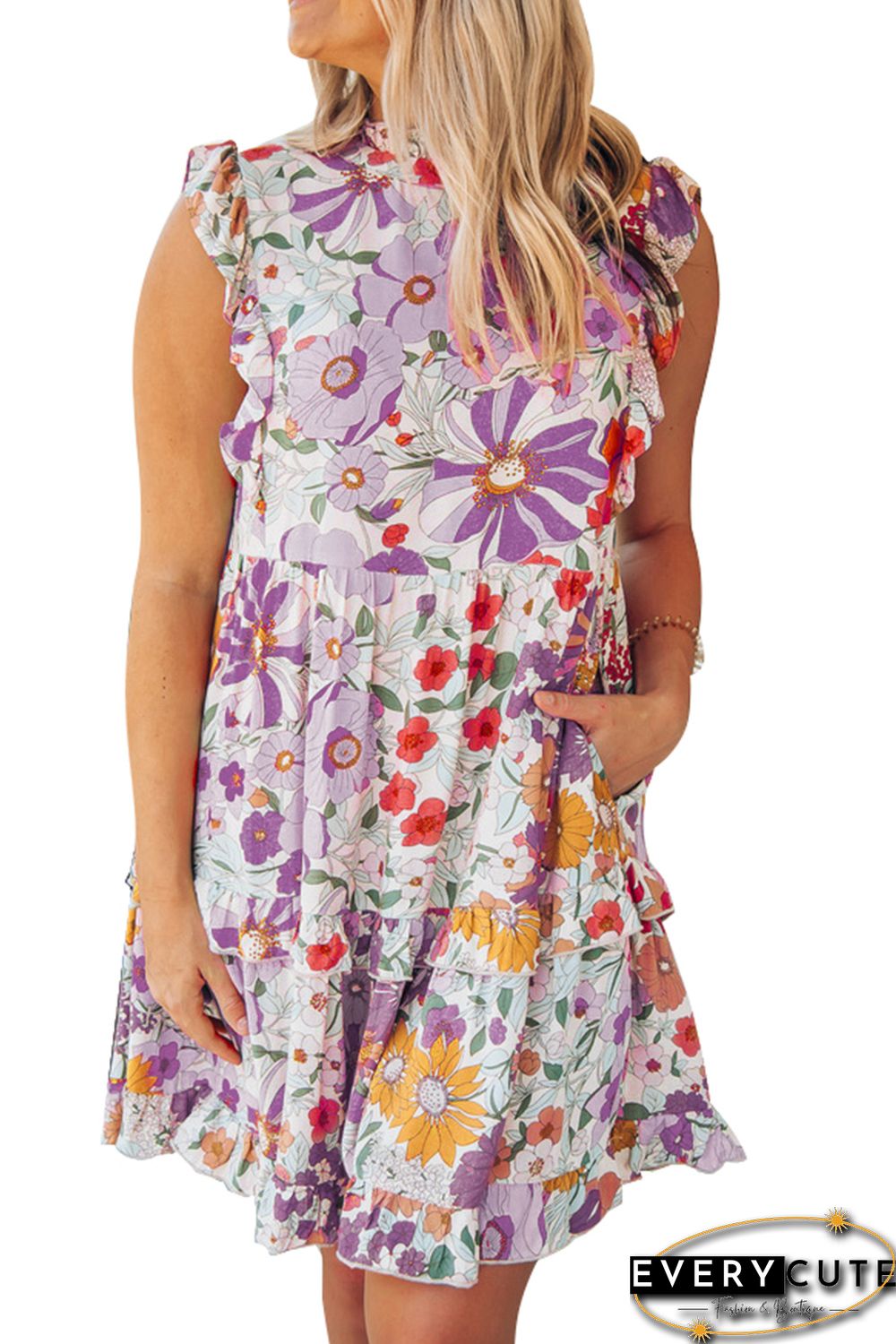 Purple White Ruffled Tank Floral Dress