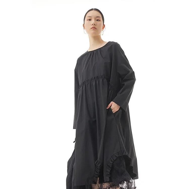 Temperament Loose Solid Color O-neck Pleated Splicing Mesh Yarn Hem Long Sleeve Dress      