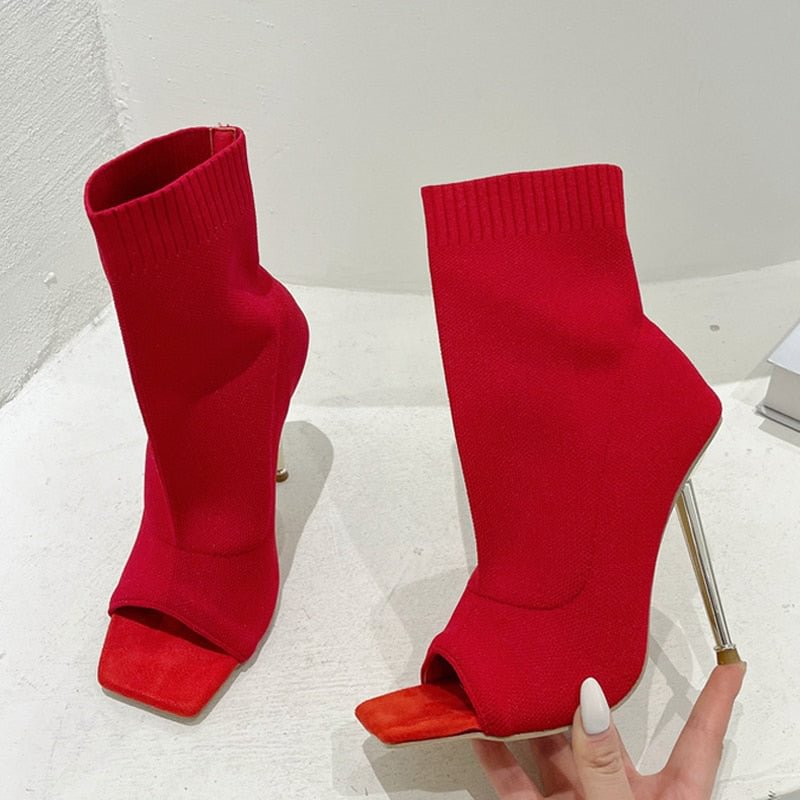 2022 Spring Square Peep Toe Stretch Fabric Knitting Ankle Sock Boots Women Fashion Thin High Heels Dance Shoes Botas Beige Mujer
