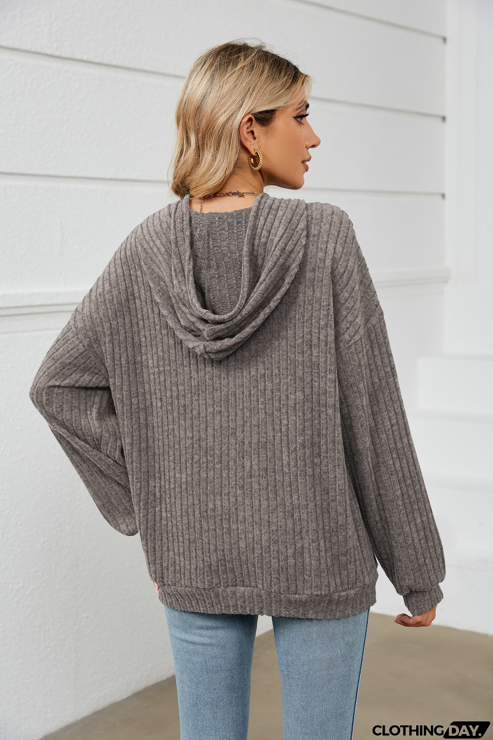 Drawstring Dropped Shoulder Ribbed Hoodie